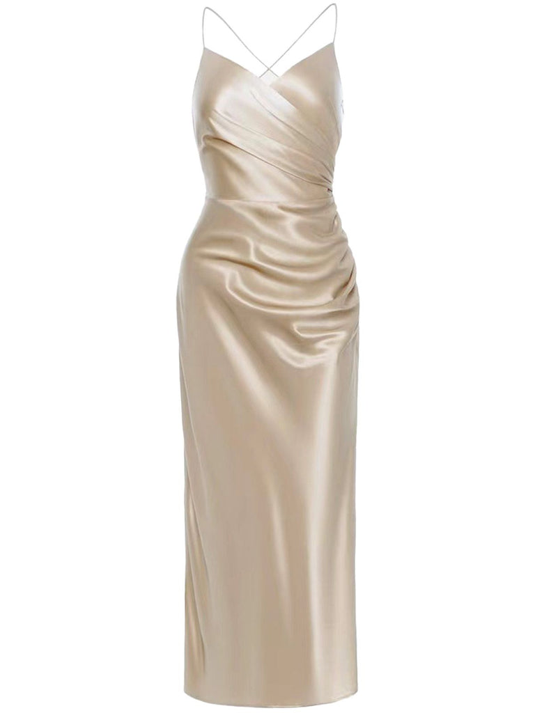 Robe nuisette en satin bretelles croisées dans le dos champagne années 1930