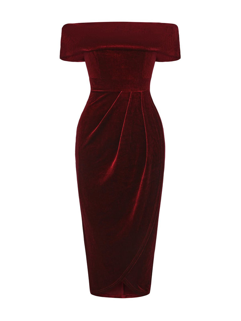 Robe mi-longue à épaules dénudées en velours uni des années 1980