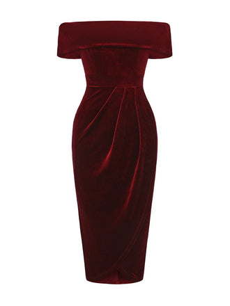 Robe mi-longue à épaules dénudées en velours uni des années 1980
