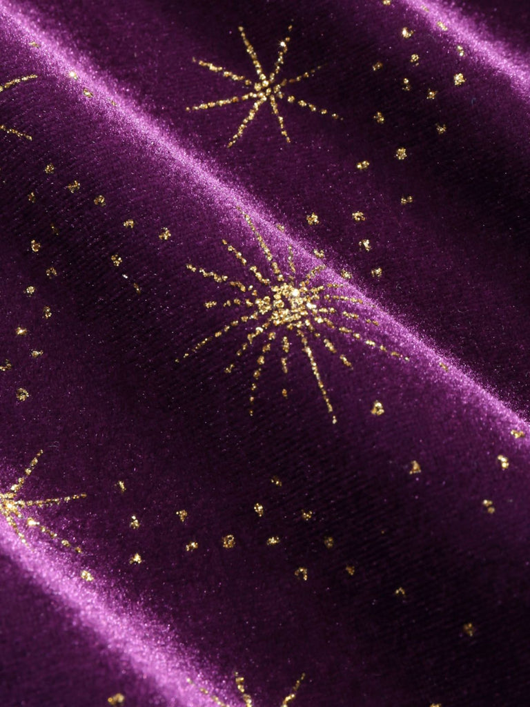 Robe à volants en velours col en V et étoiles violet des années 40