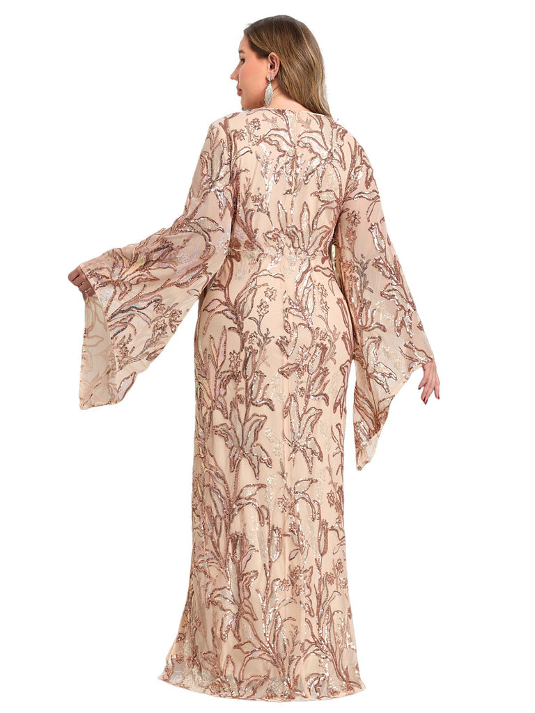 [Grande Taille] Robe longue fendue beige à sequins floraux des années 1980