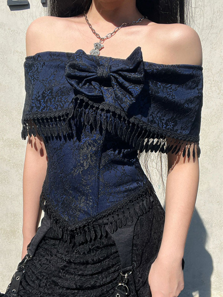 Haut bleu foncé épaules dénudées et pompons en dentelle des années 1930