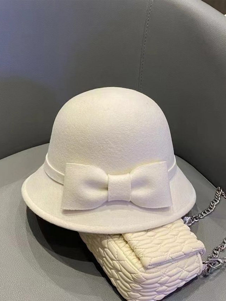 Chapeau cloche vintage en fausse laine unie avec nœud papillon