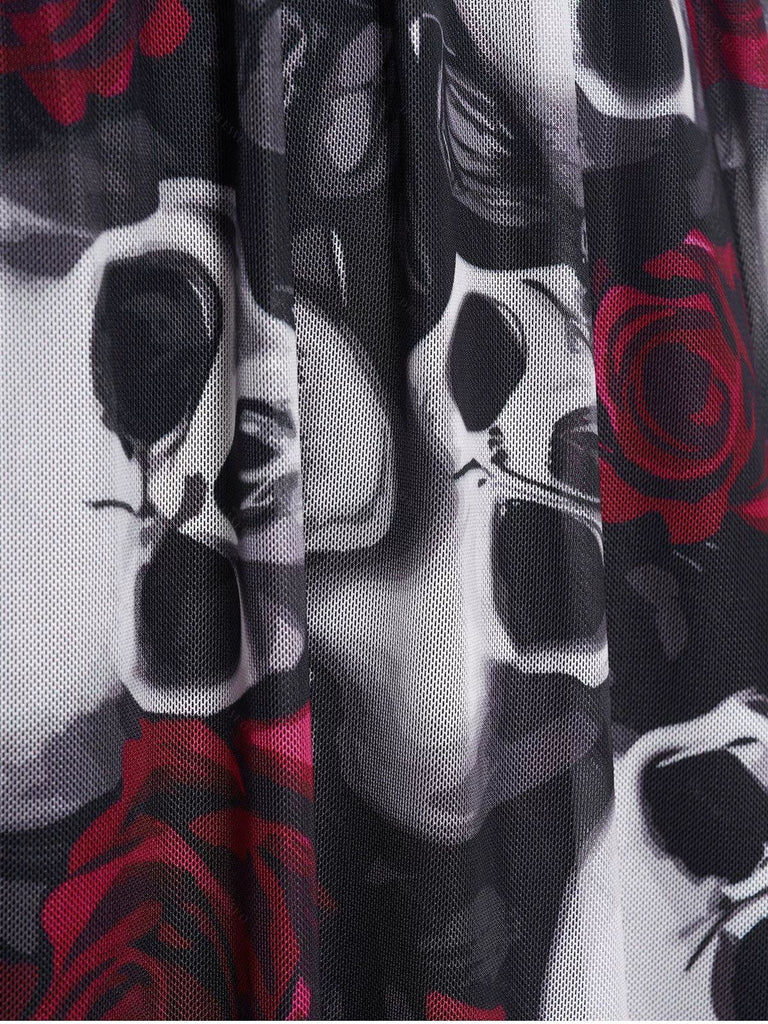 Robe gothique Halloween col en V motif tête de mort et roses des années 1950