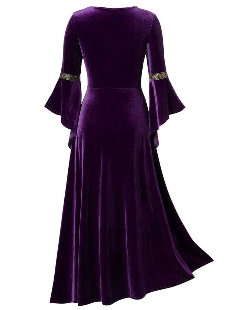 Robe Renaissance médiévale en velours à bordure dorée des années 1930