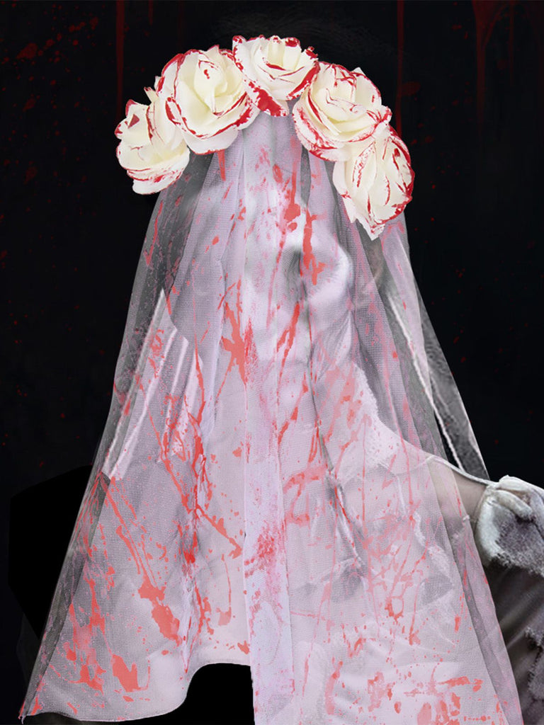Voile de tulle de mariée fantôme à la rose de sang d'Halloween