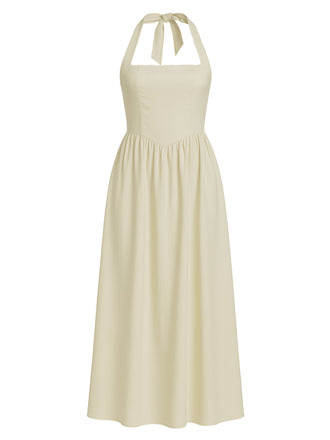 Robe à col licou unie à bretelles larges années 1940