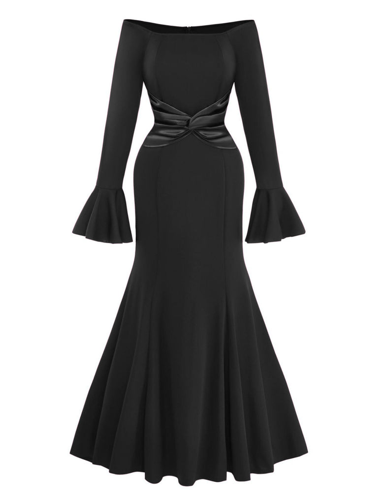 Robe plissée unie à épaules dénudées et manches cloche années 1930