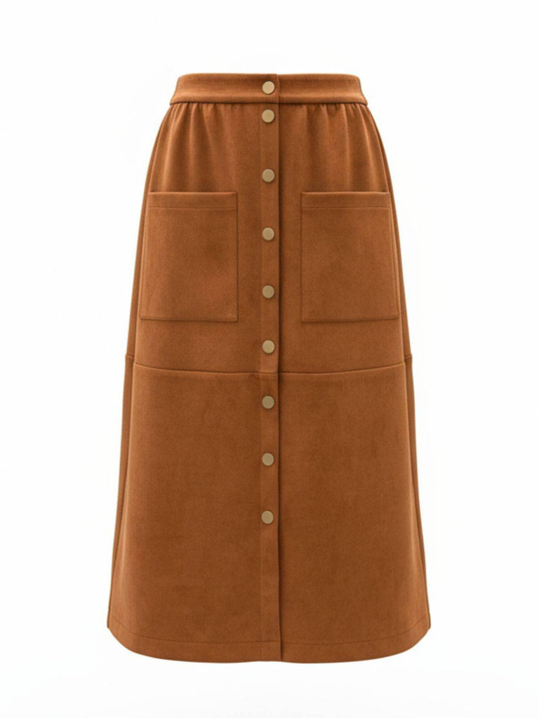 Jupe mi-longue boutonnée en velours côtelé marron avec poches des années 1960