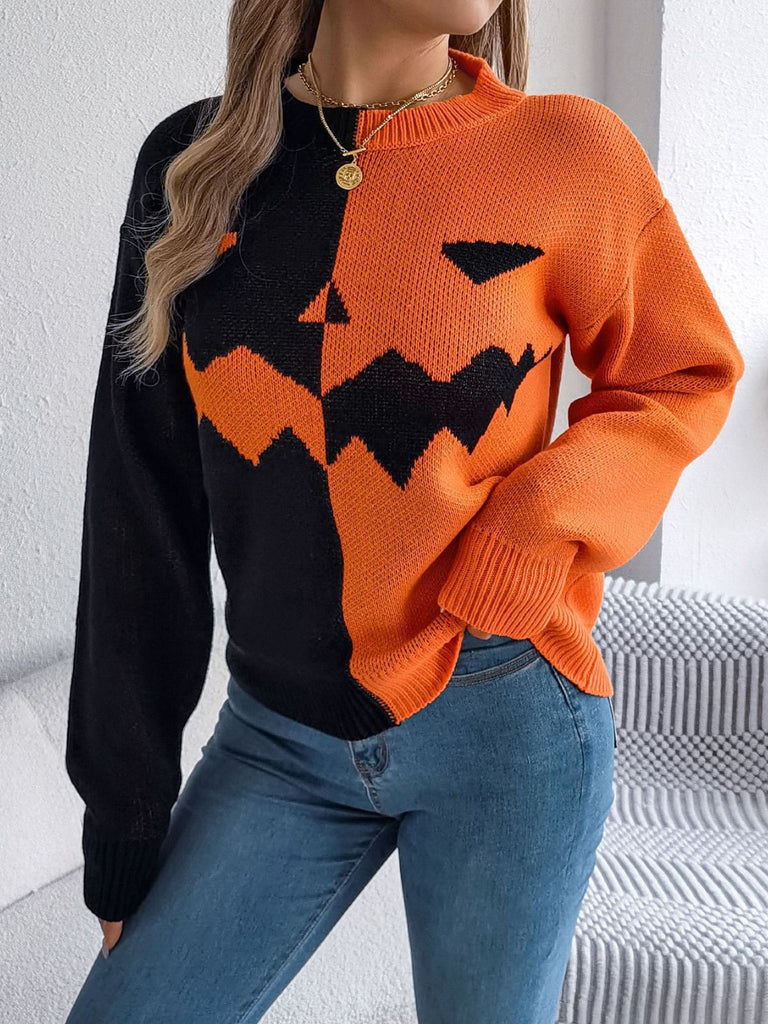 Pull en tricot colorblock à motif citrouille Halloween années 1940