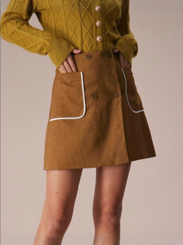 Jupe trapèze taille haute marron avec poches années 1980