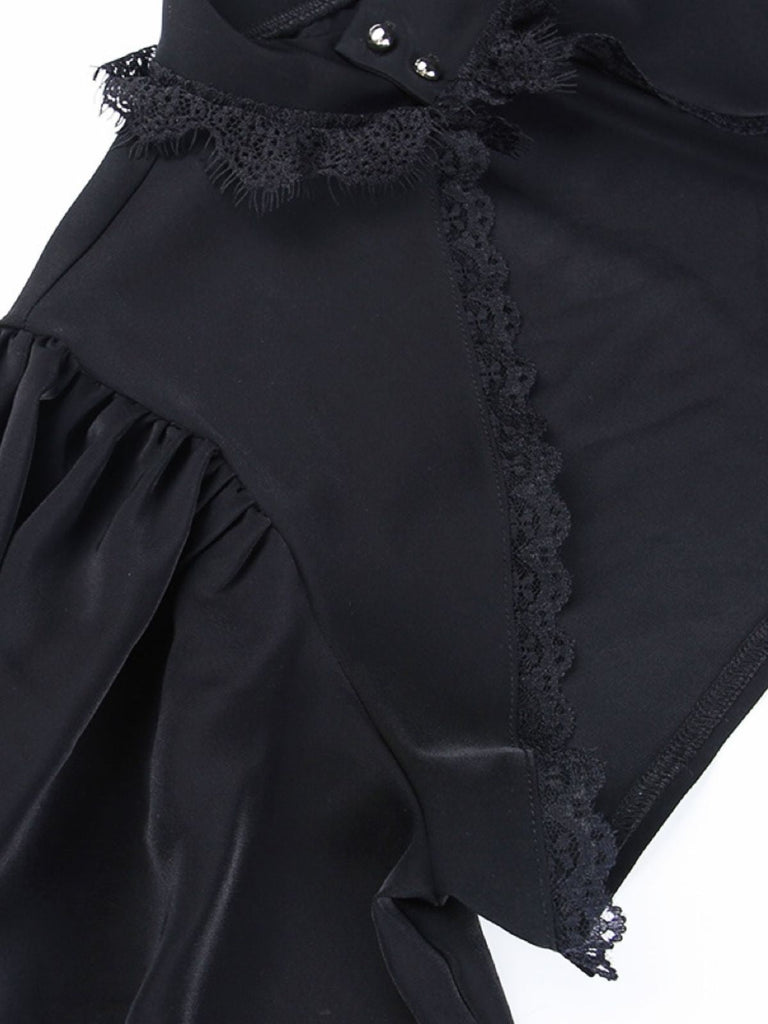 Haut courte noir col montant en dentelle gothique des années 1980