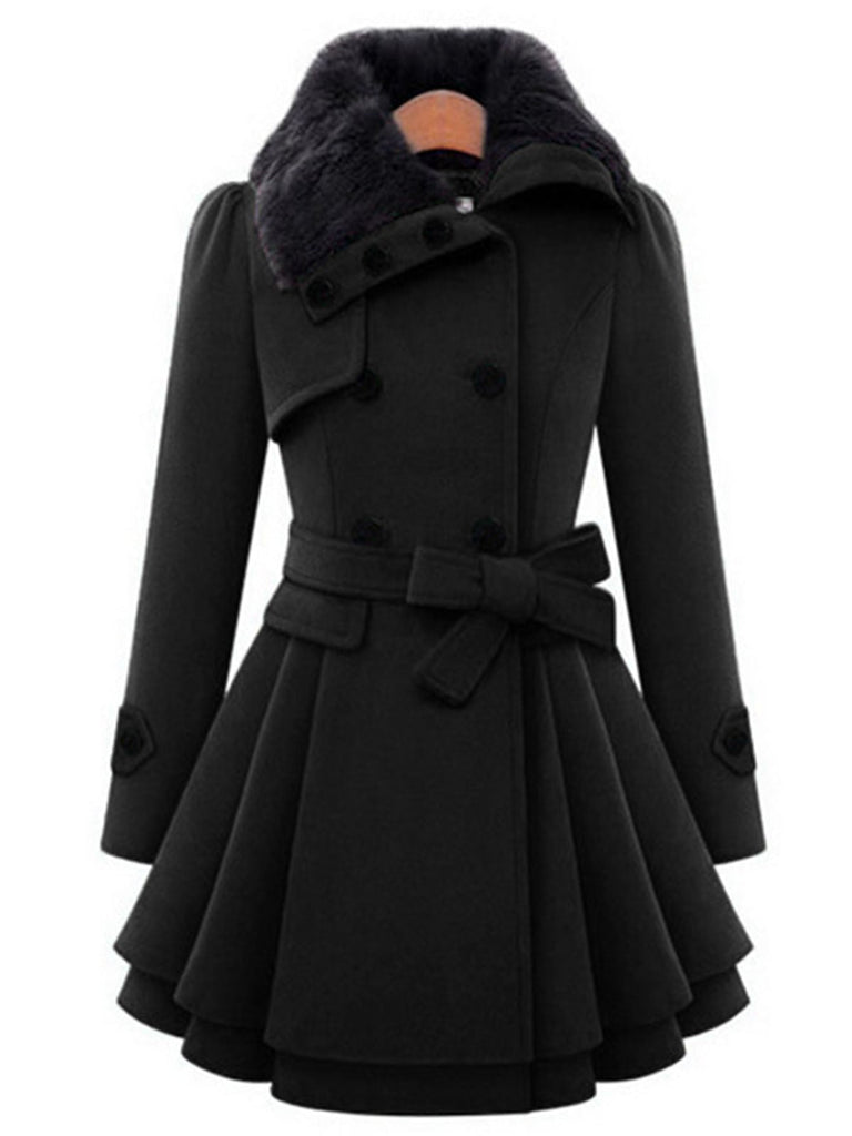 Manteau en hiver cintré à col en fourrure Noir de Noël Chic