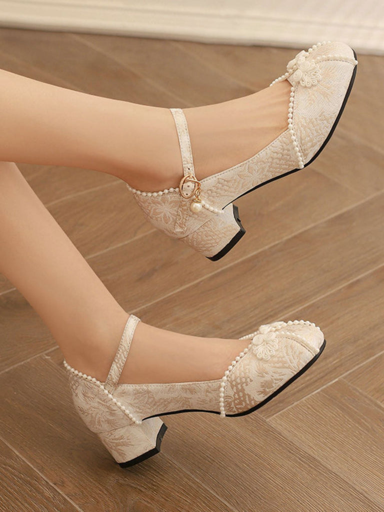 Chaussurres Mary Jane à talons épais en jacquard fleuri et perles
