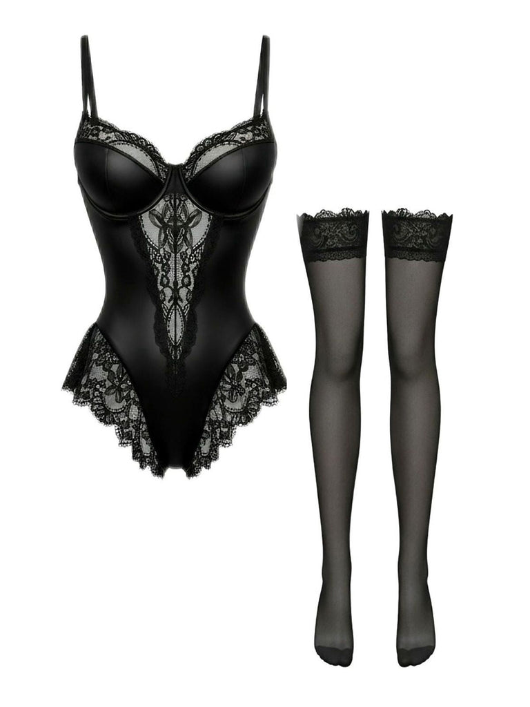 Nuisette noire en satin dentelle armatures bas assortis années 1980