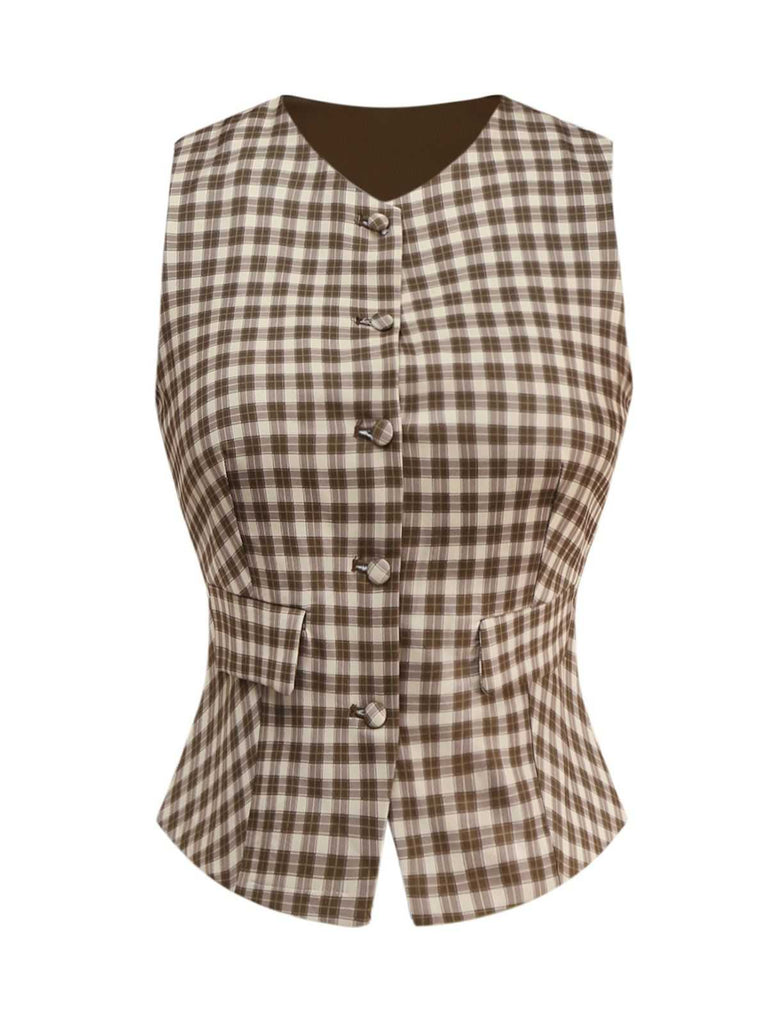 2PCS Gilet et jupe plissés à carreaux vichy marron des années 1960