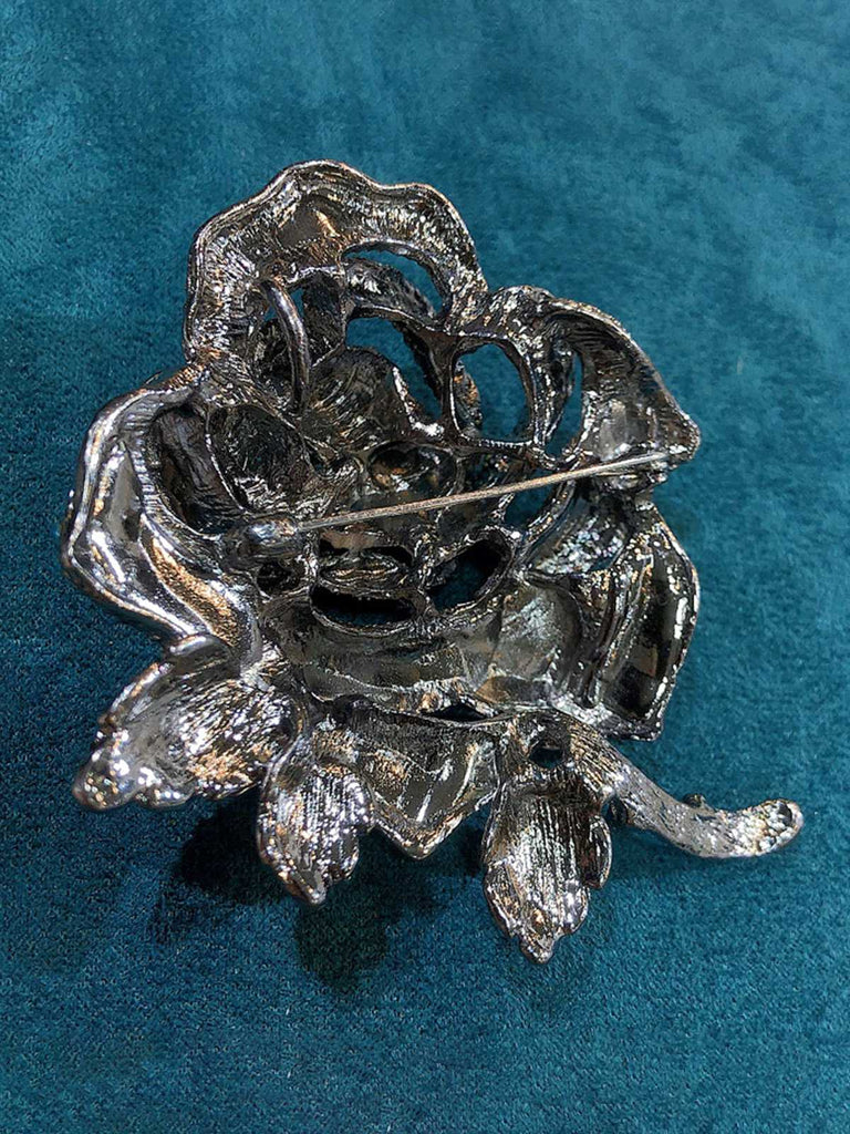 Broche rose 3D vintage en strass
