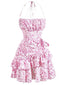 Robe à fleurs en porcelaine à volants et dos nu des années 1970