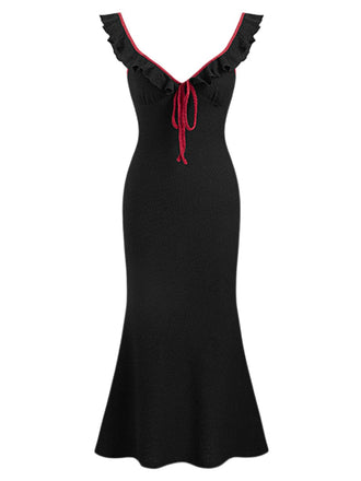 Robe sirène noire en tricot à volants et col en V des années 1930