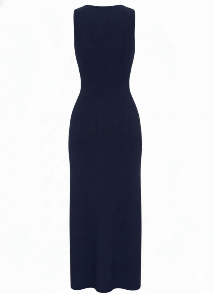 Robe tricotée unie sans manches simple boutonnage années 1960