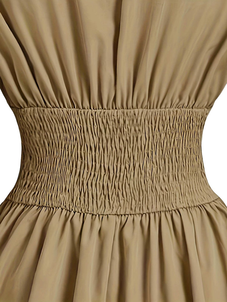Robe beige manches bouffantes col revers et taille élastiquée années 60