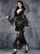 Robe sirène noire manches cloche col en V profond motif floral années 1930