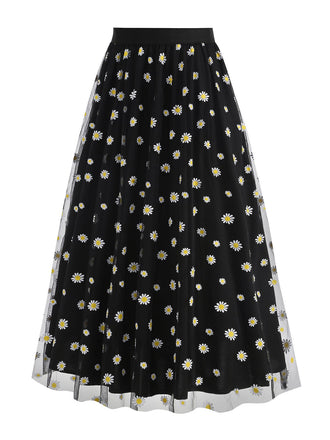 Jupe trapèze taille haute en maille marguerite des années 1940