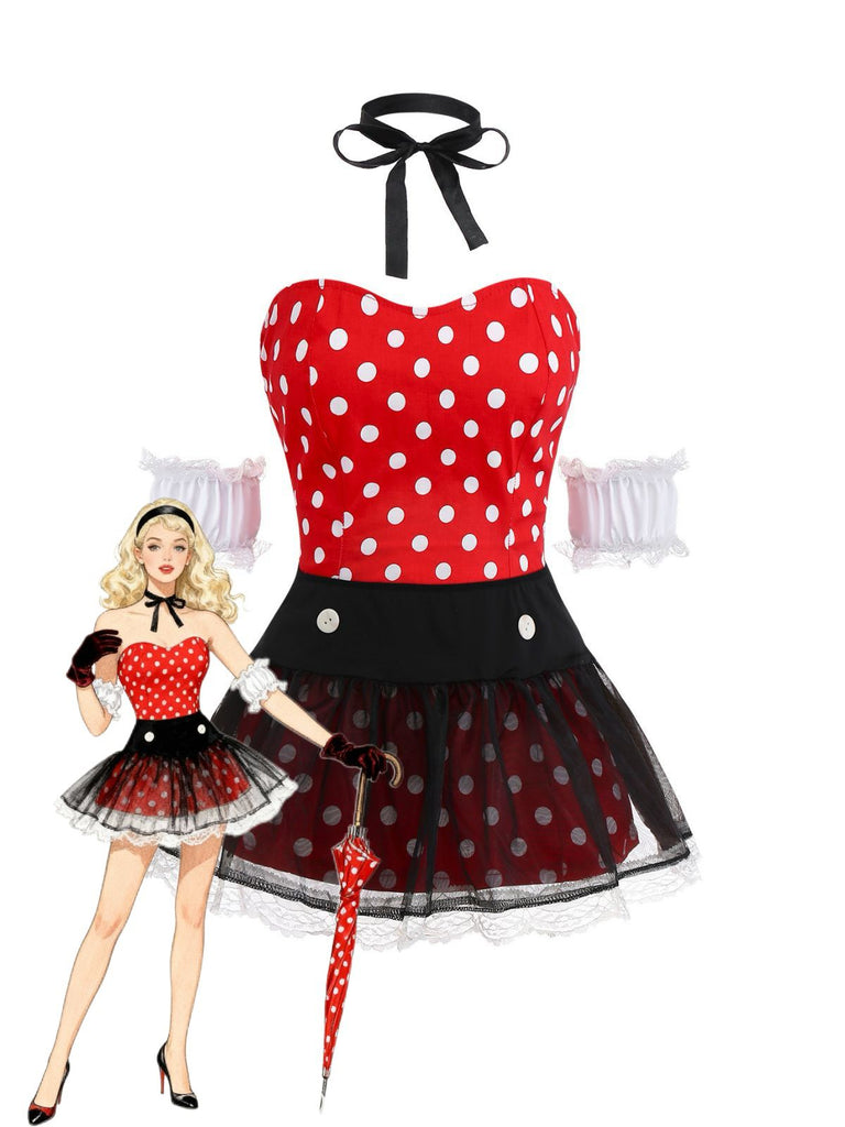 Ensemble robe à pois rouges et jupe en résille années 1980
