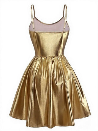 Robe or de soirée à fines bretelles métallisées années 1980