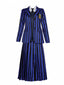 Ensemble d'uniforme bleu rayé de Wednesday Addams des années 1940