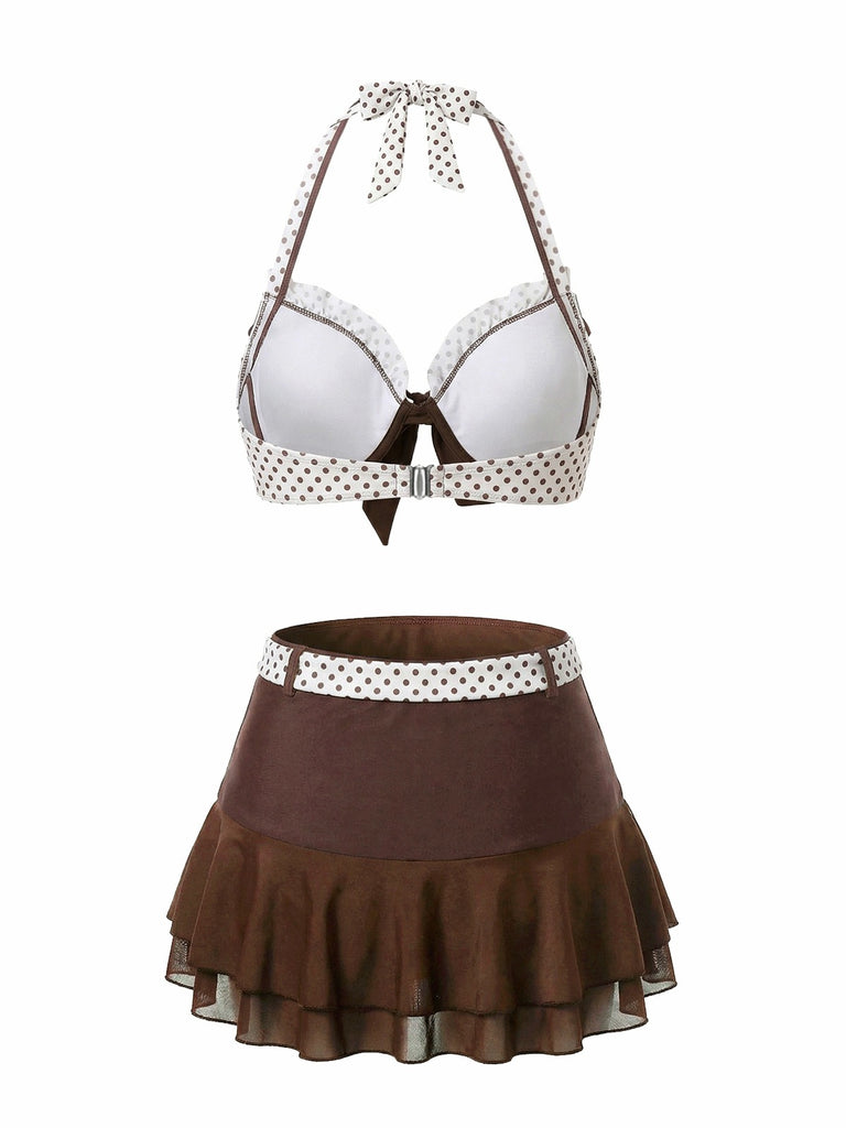 Maillot De Bain Jupe Bretelles Nues Marron À Pois Volants Année 1970