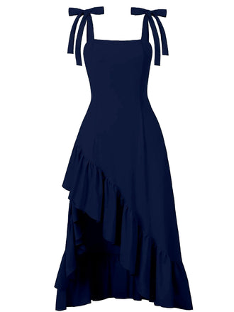 Robe à bretelles fendue ourlet volanté couleur uni des années 1930
