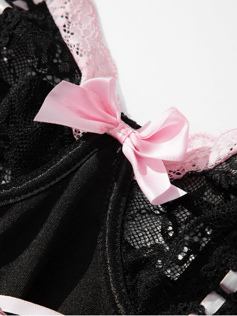Ensemble de lingerie lacets et nœud en dentelle contrastée années 1970