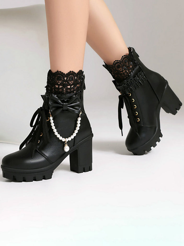Bottes À Talons Épais Dentelle Perles Nœud Vintage