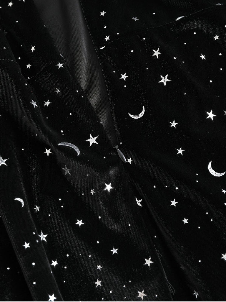 [Grande taille] Robe noire en velours col en V motif étoiles des années 1960