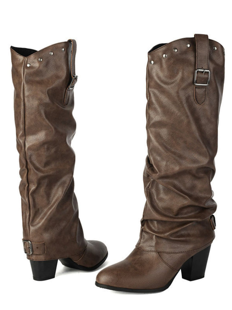 Bottes mi-mollet vintage à boucle cloutée brown