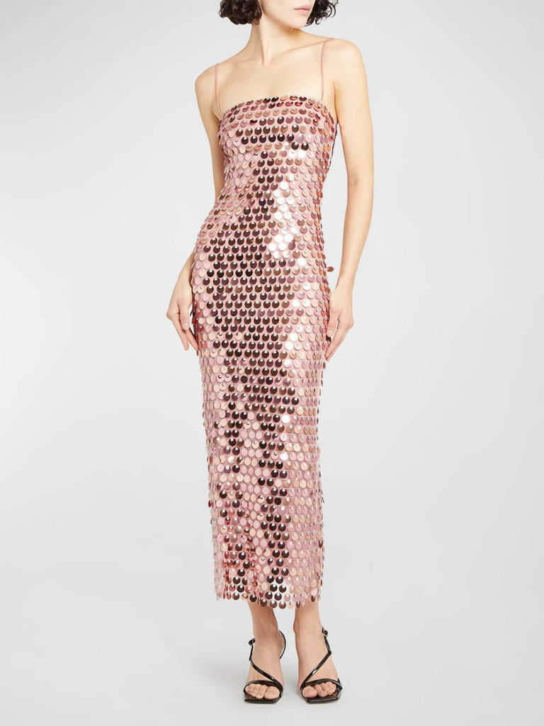 Robe paillettes à bretelles spaghetti fendue dans le dos années 1930