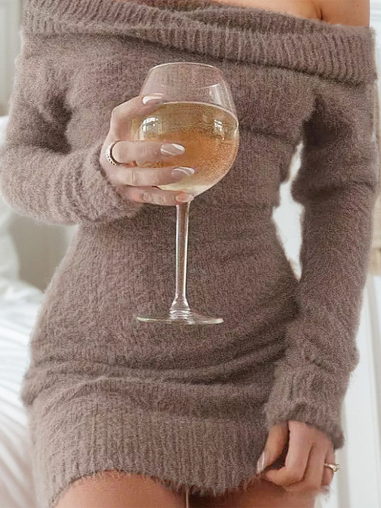 Robe à épaules dénudées manches longues en mohair des années 1980
