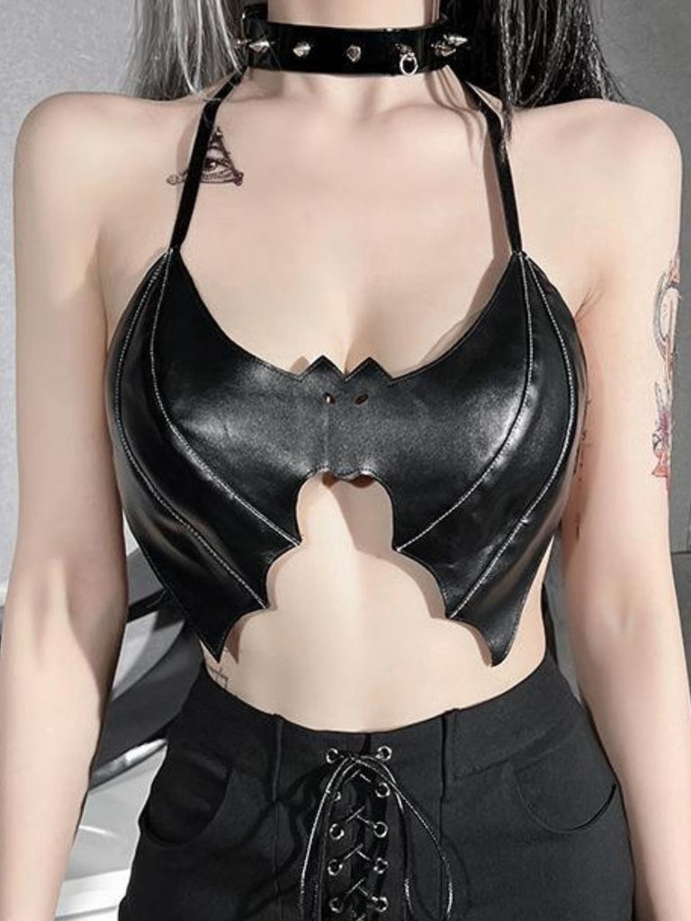 Haut en forme dechauve-souris licou noir à lacets gothique des années 1980