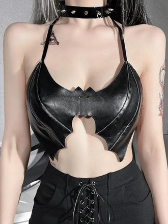Haut en forme dechauve-souris licou noir à lacets gothique des années 1980