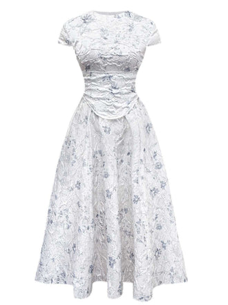 Robe en jacquard froissé à fleurs avec ceinture large lacets des années 1940