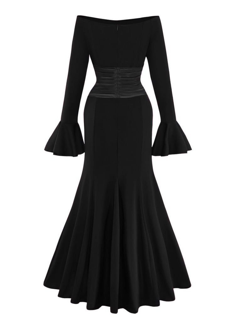 Robe plissée unie à épaules dénudées et manches cloche années 1930