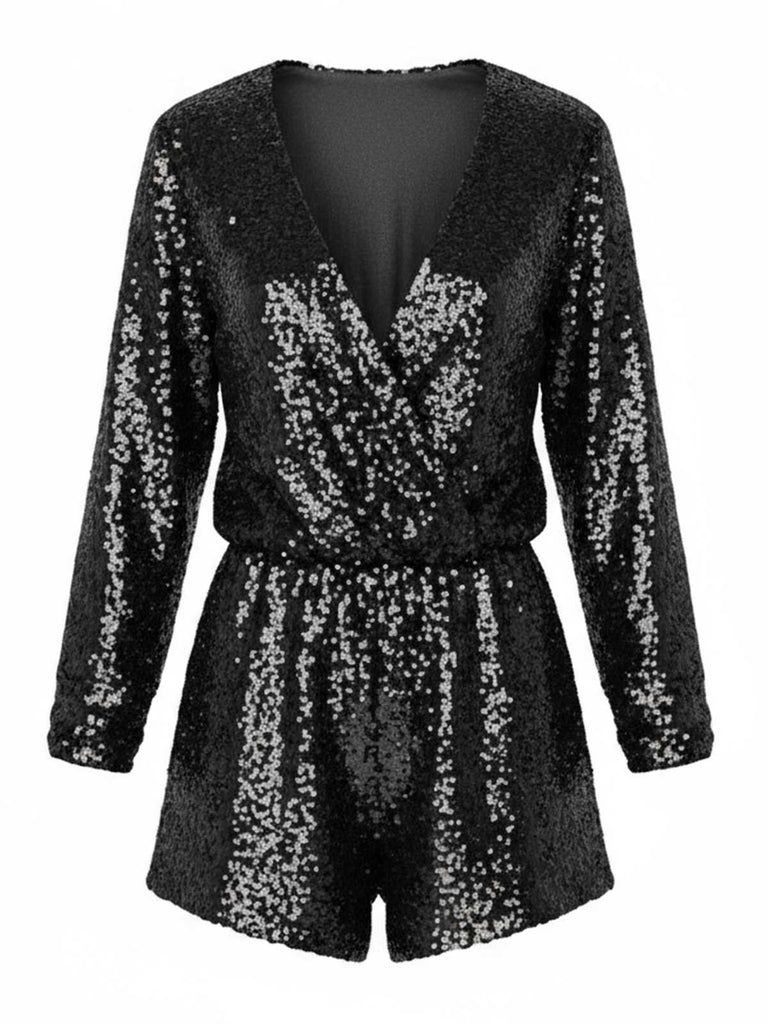 Combishort à manches longues et col en V à sequins années 1970