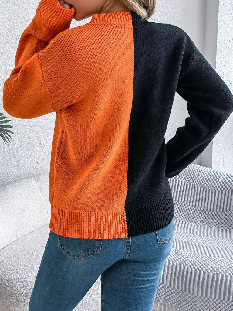 Pull en tricot colorblock à motif citrouille Halloween années 1940