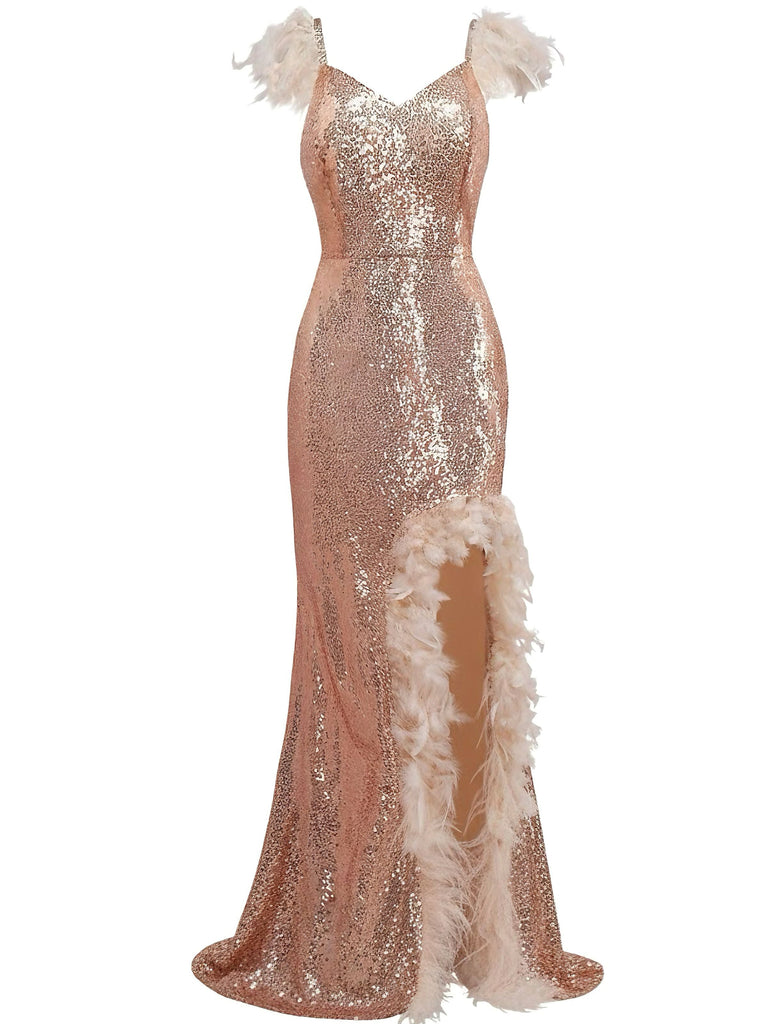 Robe sequins col en V bretelles à plumes fente haute années 1930
