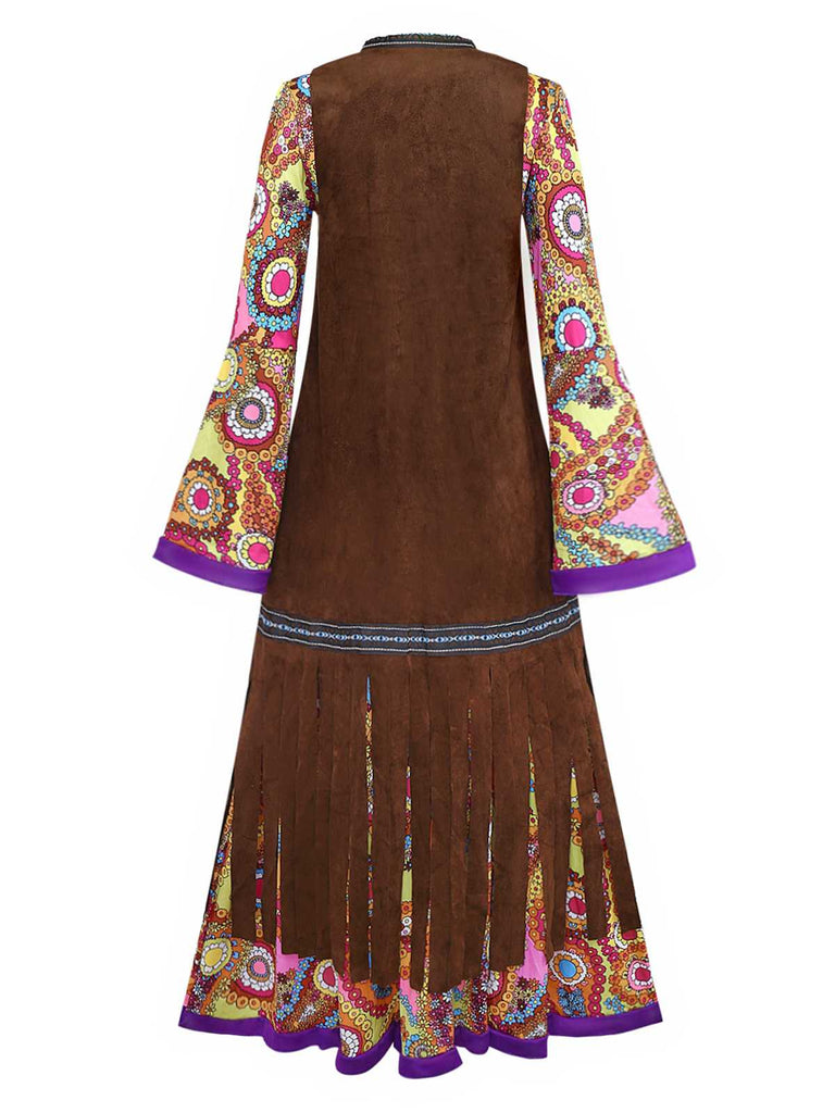 2PCS Gilet franges et robe hippie psychédélique années 1970