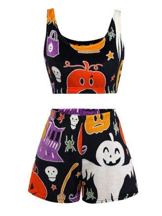 2PCS Pyjama en flanelle noire à motif fantôme d'Halloween des années 1970