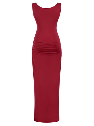 Robe froncée fendue à col carré et à imprimé uni des années 1930