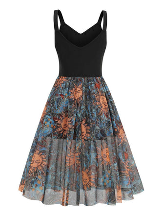 Robe trapèze noire sans manches imprimé visage ensoleillé années 1950