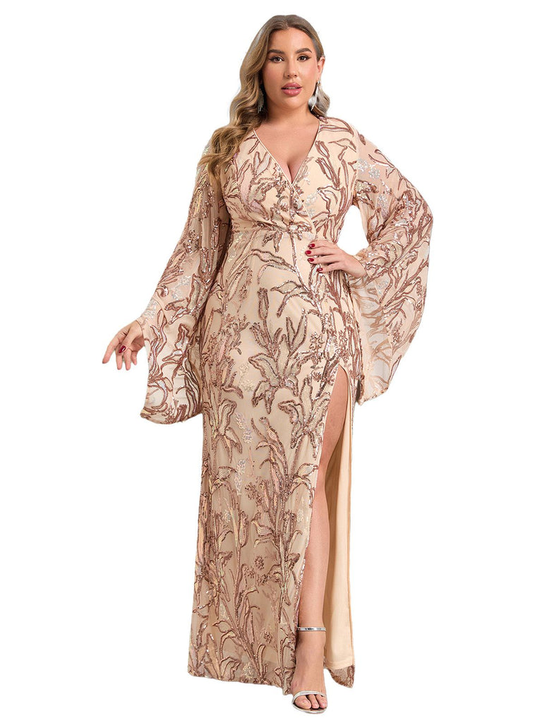 [Grande Taille] Robe longue fendue beige à sequins floraux des années 1980